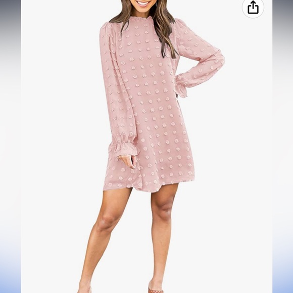 Women's Dress Long Sleeve Swiss Dot Mini Dresses Round Neck Loose Chiffon Short - Picture 1 of 8